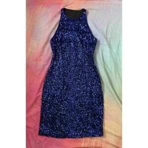Vintage 90s Black Tie Oleg Cassini Blue Beaded Sequin Silk Cocktail Dress Sz 6